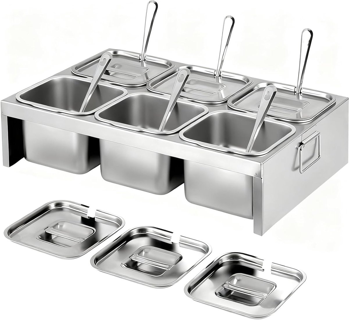 6x2L RVS ingredientencontainers met deksels en lepels, 6-compartimenten pizza topping station voor ingrediënten en toppings, ideaal voor keuken en catering
