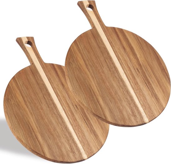 Set van 2 ronde houten pizzaschalen, 40 cm, grote snijplank met handvat voor pizza, focaccia en brood, ideaal voor keuken en serveren