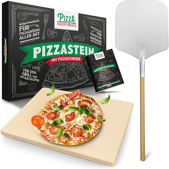 Pizza Divertimento - Pizzasteen - De originele Pizzasteen voor oven en gasbarbecue - met pizzaschep - cordieriet pizzasteen - pizzasteen voor knapperige bodem