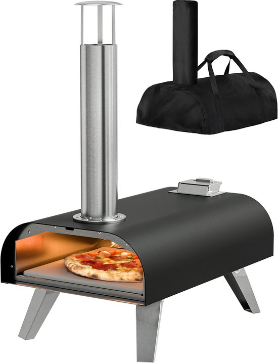 KitchenBrothers Pizza Oven - Houtgestookt - Tafelmodel - Met Beschermhoes - PFAS-vrij - Inklapbaar - Pizzasteen - tot 460°C Pizza maker - Complete Set - Pizzaoven voor Buiten - Zwart/RVS