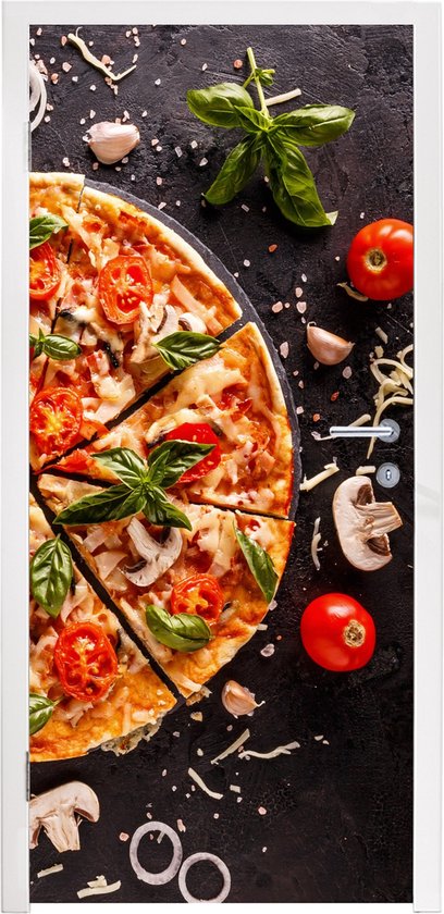 Deurposter 90x205 cm - Deursticker Pizza - Groente - Kruiden - Keuken - Industrieel - Meubelfolie zelfklevend - Deurfolie woonkamer - Interieurfolie fotobehang - Deur plakfolie - Deurstickers - Deurbehang sticker - Kamer decoratie