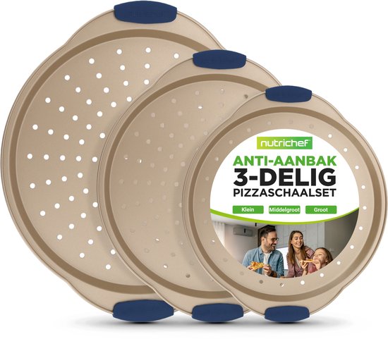 Nutrichef Pizzaplaat - Set -delige Ronde Pizza Bakpan van Koolstofstaal met Perforaties - Anti-aanbak Pizzapan - Siliconen Handgrepen