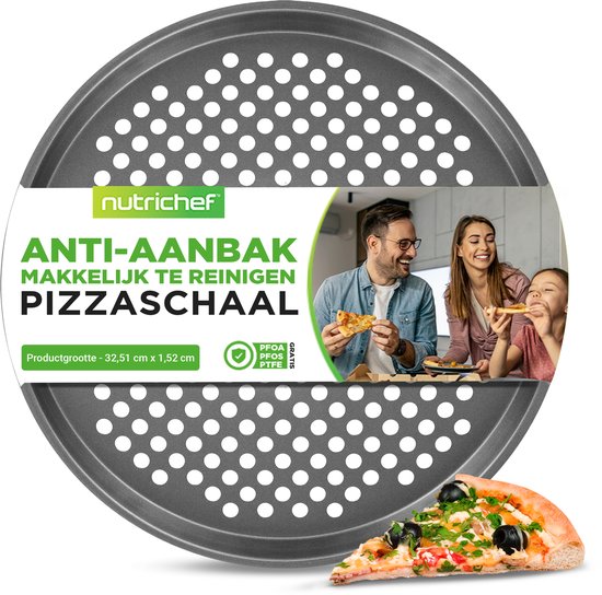 NutriChef Pizza Bakplaat voor Oven – 32,5 cm Antiaanbak Carbonstalen Pizzaplaat met Luchtgaten – Vaatwasserbestendig – Grijs