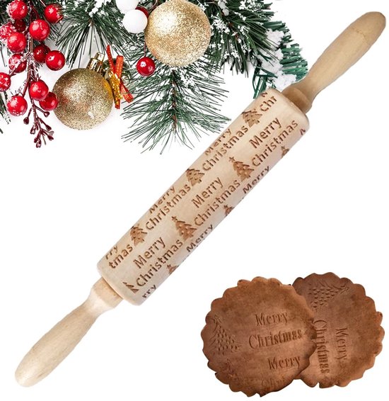 Dailygoody - Deegroller Met Reliëf - Houten Bakrol - Perfect Cadeau Voor Bakliefhebbers - Natuurlijk Hout - Deegroller Met Kerstmotief - S - Geschikt ...