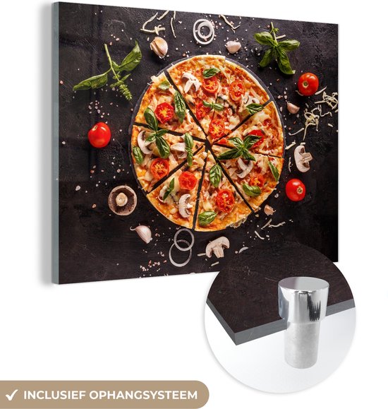 MuchoWow® Glasschilderij 40x30 cm - Schilderij acrylglas - Pizza - Groente - Kruiden - Keuken - Industrieel - Foto op glas - Schilderijen