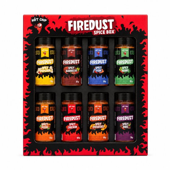 HOT-CHIP Firedust Kruidenmix Cadeauset – 8 Pittige Spice Mixes voor BBQ, Pizza, Kip, Vis, Ribs, Popcorn & Aardappels