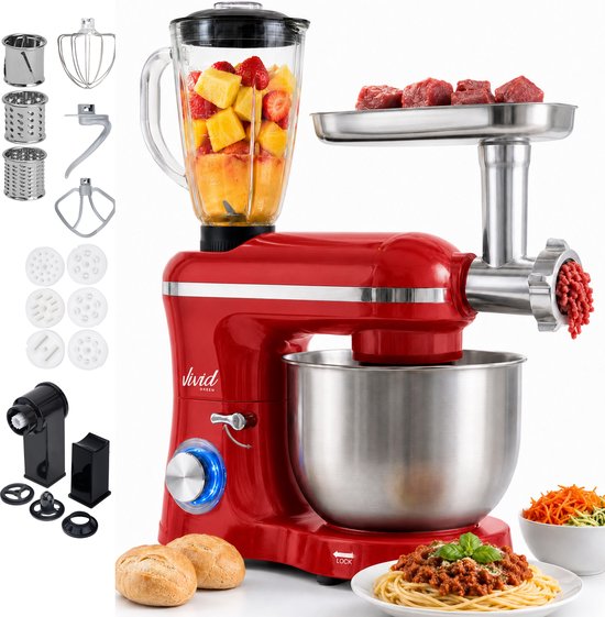 Vivid Green 2000W Keukenmixer - Vleesmolen, Blender & Pastamachine - Geschikt voor Zwaar Deeg - 6,2L Mengkom - Keukenmachine - Keukenrobot - Rood
