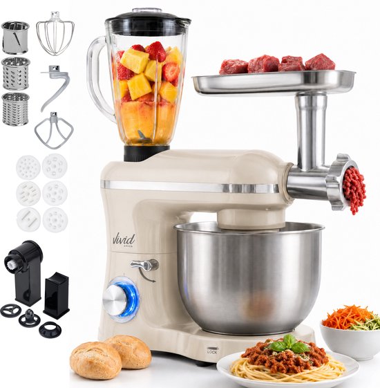 Vivid Green 2000W Keukenmixer - Vleesmolen, Blender & Pastamachine - Geschikt voor Zwaar Deeg - 6,2L Mengkom - Keukenmachine - Keukenrobot - Crème