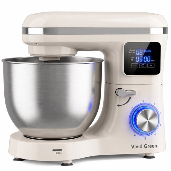 Vivid Green 2000W Keukenmixer - Timer & Automatische Stop - Geschikt voor Zwaar Deeg - 6,2L Mengkom - Keukenmachine - Keukenrobot - Crème
