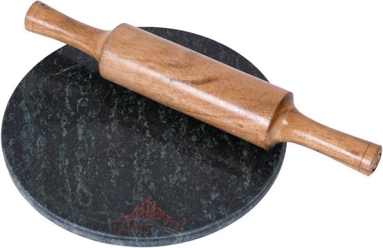 Marmeren Deegroller Set - Chakla Belan Roti - Brood Bakken - Handgemaakt Natuurlijk Marmer - 23cm Diameter - Groen