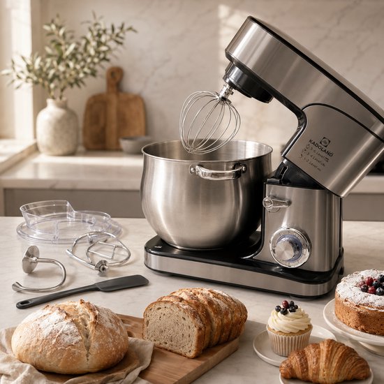 Kadoland® 12L Stand Mixer – Deegmachine 2000W – Keukenmachine voor Zwaar Deeg – 6 Snelheden + Pulse – RVS Mengkom – Inclusief Deeghaak, Garde, Klopper en Spatel