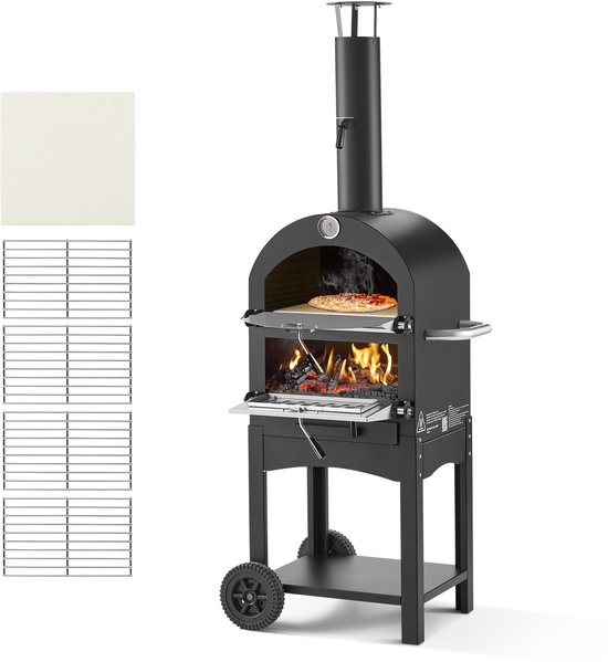VEVOR Pizzaoven 12 Inch Pelletoven, 2-Laags Houtgestookte Pizzaoven, Houtgestookte Buitenoven met 2 Afneembare Wielen, Pizzamaker met Een Maximale Temperatuur van 540 °C voor Grillen