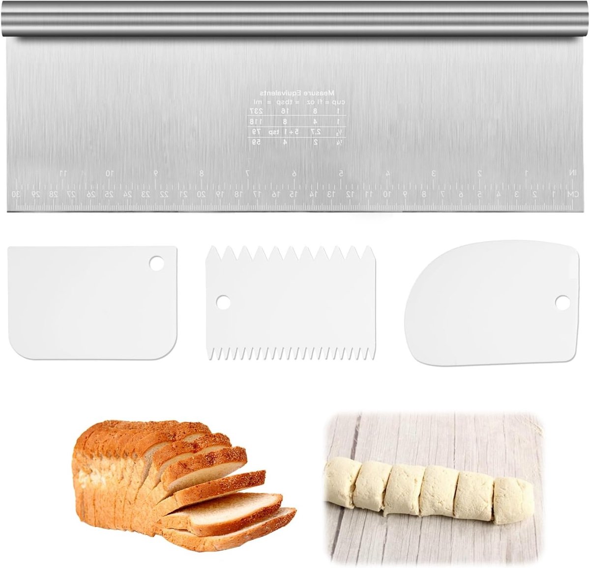 Set van 4 Deegsnijders, RVS Deegschraper met Meetlat, Grote Spatel en Groentelepel voor Brood, Pizza en Taartdecoratie
