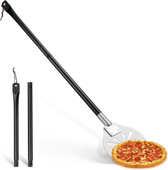 Perforatie pizzaschep van roestvrij staal - ronde schep met afneembare handgreep - ideaal voor pizza, brood en cake - eenvoudig schoon te maken - 20,3 x 28,3 x 110 cm