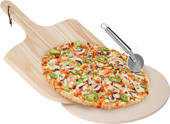 Pizzasteen Set - Chamotte - Inclusief Pizzaschep en Pizzasnijder - 3-delig - Voor Oven en BBQ