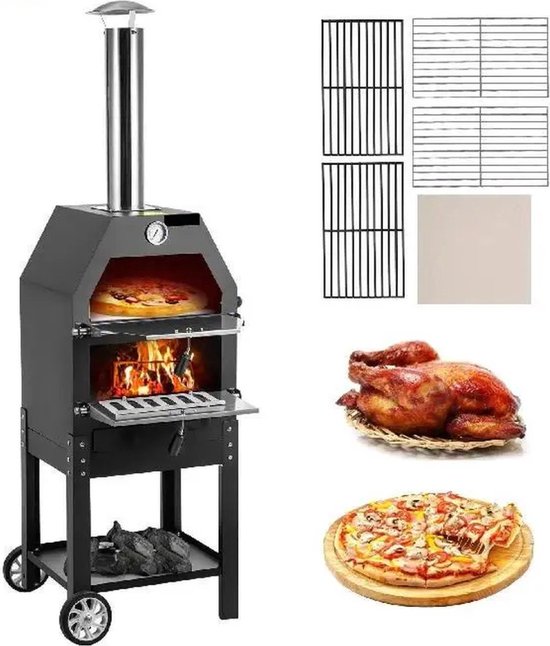 Pizzaoven buiten - Houtgestookte Pizza oven - Houtskool Barbecue - Multifunctionele BBQ - Met wielen & Handgreep - Pizza BBQ Smoker - Max Temperatuur: 500 ℃ - 40 x 35 x 141cm