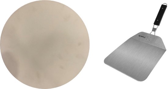 Keramische pizzasteen voor op de barbecue 33 cm - Met inklapbare RVS pizzaschep 25 cm - BBQ/oven pizza stone