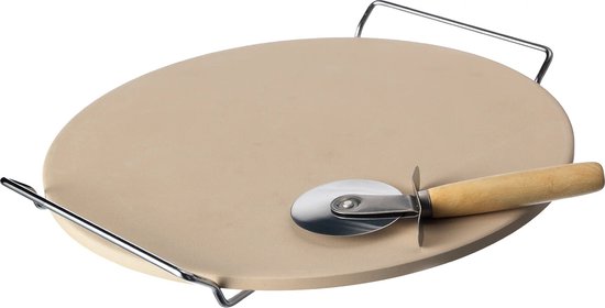 Pizzasteen rond voor BBQ / oven 33 cm met handvaten incl. pizzasnijder