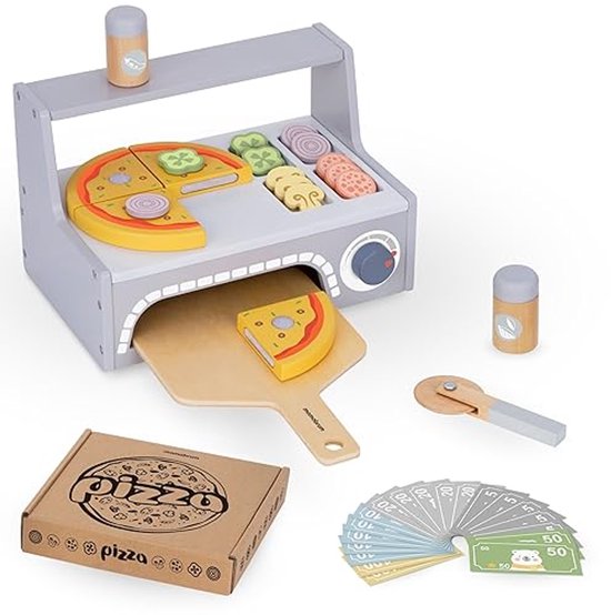 Houten Pizza Bakset voor Kinderen - Pizza Oven Set met Snijplank, Pizzastukken en Beweegbare Pizzasnijder