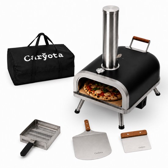 Caryota Pellet Pizza Oven - Buitenoven BBQ - Pizzasteen - Pizza schep - Deegsteker - Thermometer - Draagbaar - Authentieke pizza in 90 sec - 450 °C