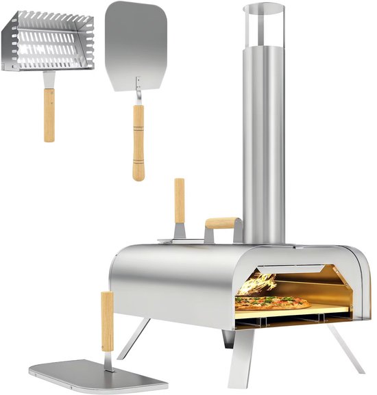 JOYNEXTBUY - RVS Pizzaoven voor Buiten - Houtgestookte Pizza Oven - Incl. Pizzasteen en Pizzaschep - Draagbaar - Opklapbare Poten