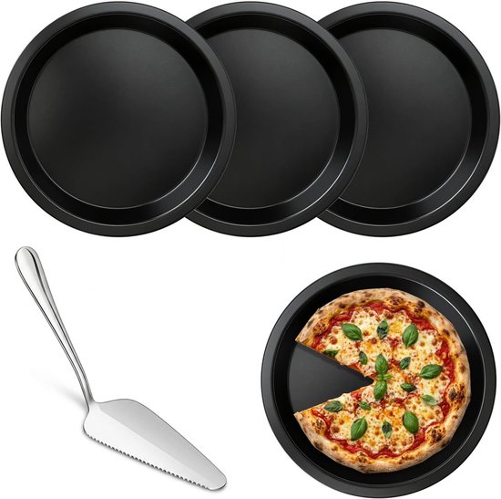 Set van 4 ronde pizza bakvormen van 16 cm van koolstofstaal - anti-aanbak, ideaal voor pizza, taart en cheesecake, inclusief taartsnijder voor oven en snacks