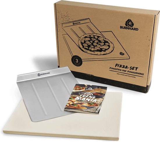 BURNHARD® Cordieriet Pizzasteen, RVS Pizzaschep, knapperige Pizzasteen, krokante pizza, 45x35 cm, voor oven & grill – Pizzasteen met Pizzaschep Set