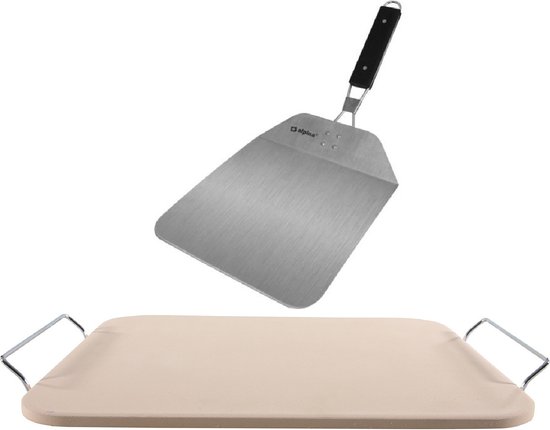 Pizzasteen rechthoekig 30 x 38 cm met handvaten - Met inklapbare RVS pizzaschep 25 cm - BBQ/oven pizza stone