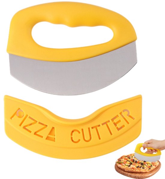 Pizzames - Pizzasnijder - Met beschermhoes - Pizzasnijder - RVS - Siliconen - Keukengereedschap - Geschikt voor het snijden van pizza - Deeg - Groenten - Geel - 15*12,5 cm