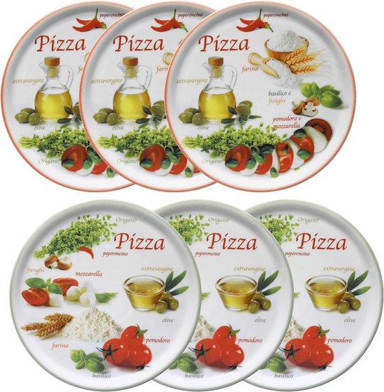 Set van 6 pizzaplaatjes Ø 33,8 cm - groot - 6 personen - pizza borden met 2 decoraties