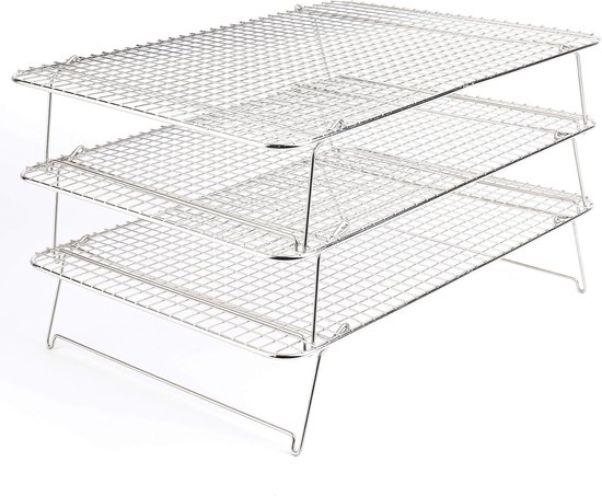 Tebery 3-storey refrigerator grate stainless steel, stackable cake grid, baking grid space saving, foldable, non-stick, 42 x 30.5 x 22 cm, for roasting, cookies grilling, cake, silver