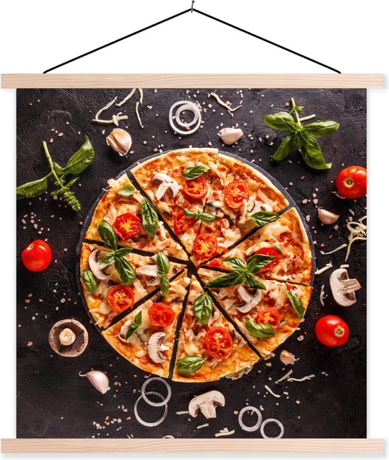 Posterhanger incl. Poster 60x60 cm - Schoolplaat - Pizza - Groente - Kruiden - Keuken - Industrieel - Textielposter - Blanke latten