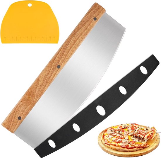 Pizzasnijder met houten handvat, 32 cm pizzames met deegschraper, professioneel roestvrijstalen pizza-accessoires, scherp weegmes voor gesneden pizza, deeg, crêpes