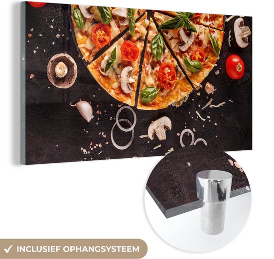 MuchoWow® Glasschilderij 160x80 cm - Schilderij acrylglas - Pizza - Groente - Kruiden - Keuken - Industrieel - Foto op glas - Schilderijen