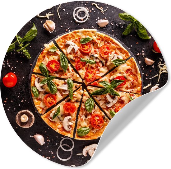WallCircle® - Behangcirkel 30x30 cm - Muurstickers Pizza - Groente - Kruiden - Keuken - Industrieel - Muurcirkel keuken - Wanddecoratie accessoires - Zelfklevend schilderij - Wandcirkel decoratie