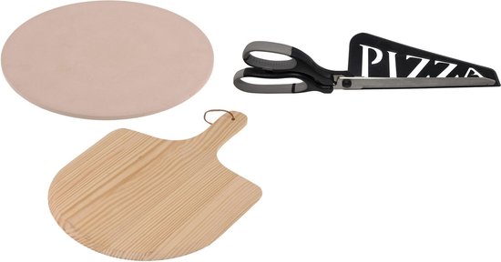 Pizzabak set pizzasteen 33 cm met houten schep - Met zwarte pizzaschaar 30cm - BBQ/oven