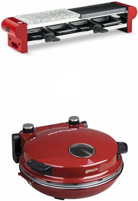 Raclette en Pizza Oven - Steengrill Apparaat - Gezellige Avonden - 350 Graden Pizza - 4 Persoons - Rood Zwart