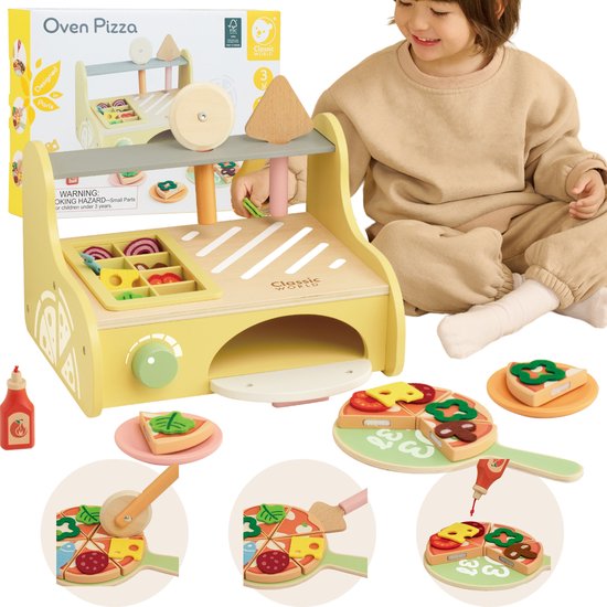 Classic World houten speelgoed pizzaoven speelset met accessoires.