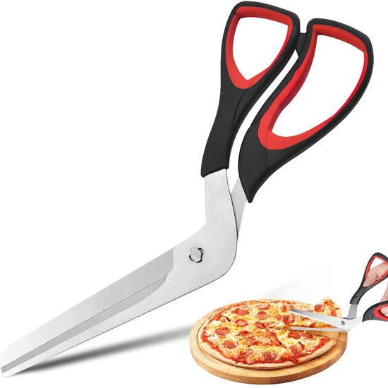 aladdien - Pizzaschaar - Multifunctionele Pizzasnijder - Ergonomische Keukenschaar - Zwart/Rood - Roestvrijstalen Lemmet - Geschikt voor Pizza en Me..