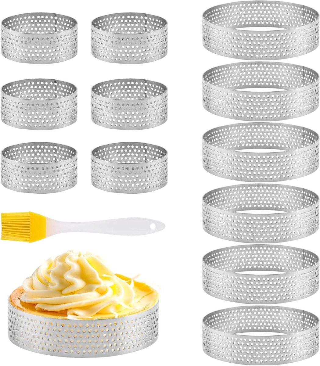 12 Stuks Crumpet Ringen met Anti-aanbaklaag, Geperforeerde Taartringen voor Taarten en Mini-Pizza's, Ronde Kookringen van Roestvrij Staal, Perfect voor Bakken en Cakemousse