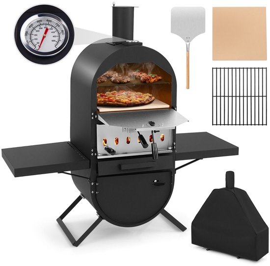 SureDeal® - Kamper - Houtgestookte Pizzaoven - Buiten Bekleding Oxfordstof - Thermometer Zijplanken - 98x31x98 cm - Zwart
