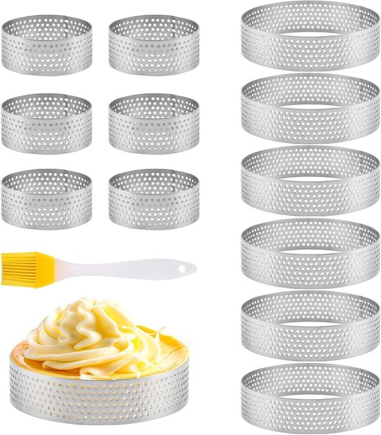 12-delige crumpet ring set, anti-aanbaklaag, 5 cm en 8 cm, ronde perforaties voor taarten, duurzame roestvrijstalen bakringen voor cakes en mini pizza's
