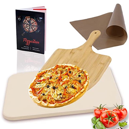 Pizzasteen voor oven en gasgrill - set van 4 - incl. pizza schuiver en kookboek - cordieriet voor knapperige pizzabodem