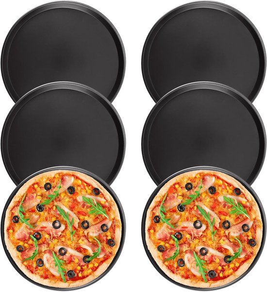Set van 6 ronde pizza borden, 30 cm, anti-aanbak carbon staal, ideaal voor oven en bakken