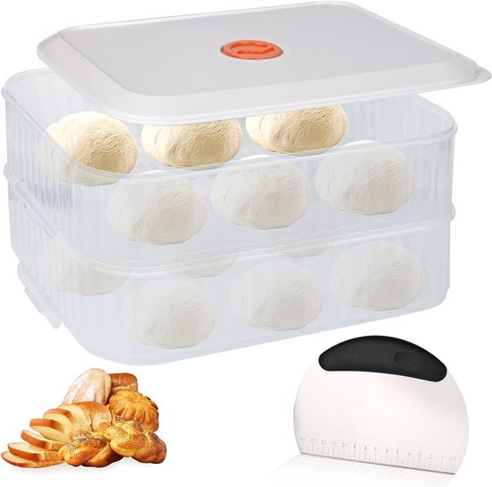 Pizza ball box met deksel, 31 × 23 × 9 cm, inclusief roestvrijstalen deegkaart en datumweergave voor vers pizzadeeg en andere deegsoorten.