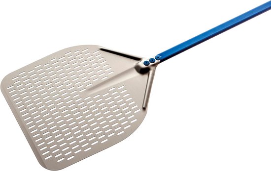 Pizzaschep Aluminium - Pizzaspade Perforatie - Pizza Bakken - Lichtgewicht Robuust - 36x36cm 1.5m Handvat - Zilver Blauw