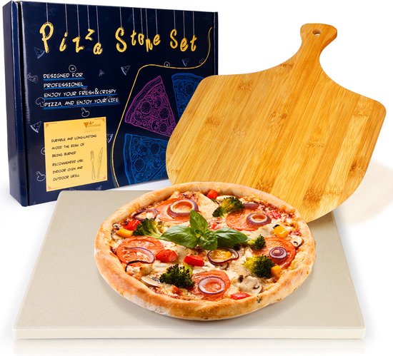 Pizzasteenset voor grill en oven, cordieriet pizzapan met recepten, 30cmx38cm , met pizzaschep 39.5cmx28.2cm