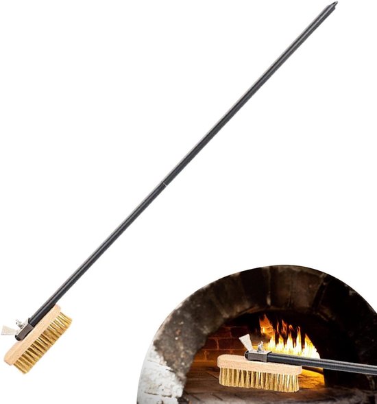Ovenborstel met schraper - Pizzasteen reiniger - Oven schoonmaken - Draaibare kop messing - 54 cm lengte - Grijs
