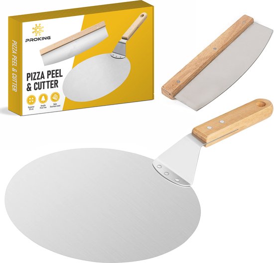 PROKING Pizzaschep en Pizzasnijder – Pizzaspatel – Pizzames – Wiegemes Pizza – Pizza Snijder – Met Houten Handvat – RVS