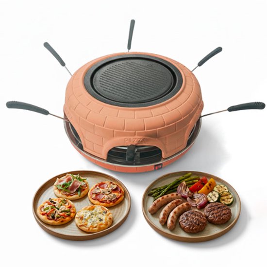 BluMill Mini Pizza Oven met Gourmetstel – Mini Pizza Oven voor 6 Personen – Terracotta Koepel – Incl. Gietijzeren Grillplaat – Incl. 6 RVS Pizzaspatels en Deeguitsteekvorm
